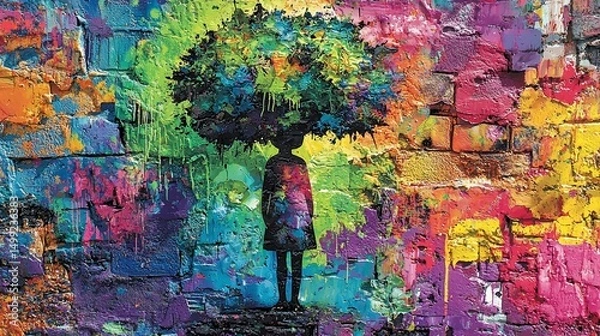 Obraz Colorful girl with tree-like head on vibrant wall art