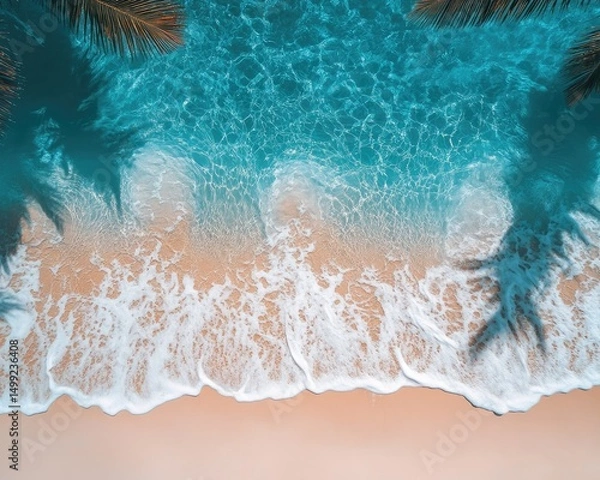 Fototapeta Aerial view of clear turquoise ocean waves washing onto the sandy beach. Use this image to evoke summer vibes, relaxation, or travel plans.