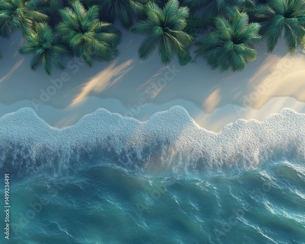Fototapeta Aerial shot of tropical beach with palm trees and ocean waves. Use for travel, vacation, relaxation, or coastal lifestyle designs.