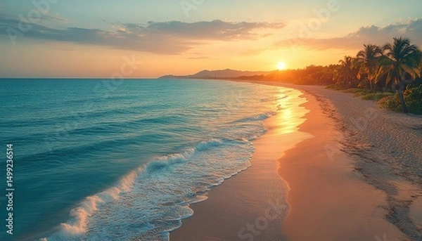 Fototapeta Tropical beach paradise with blue ocean and golden sunset. Showcases an idyllic scene for travel, relaxation, and escape.