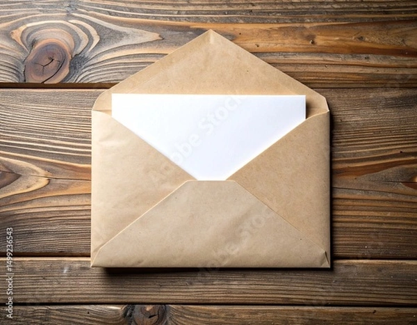 Fototapeta Brown Paper Envelope with Blank White Letter Inside on Rustic Wooden Surface