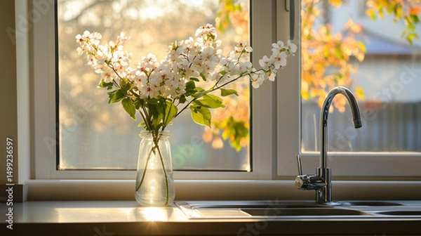 Fototapeta On the countertop by the sink, a vase of flowers brightens the space near the kitchen window.








