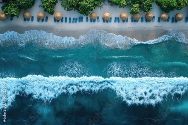 Fototapeta Aerial view of a tropical beach with turquoise water and beach chairs. Great for travel, vacation, or summer-themed designs.