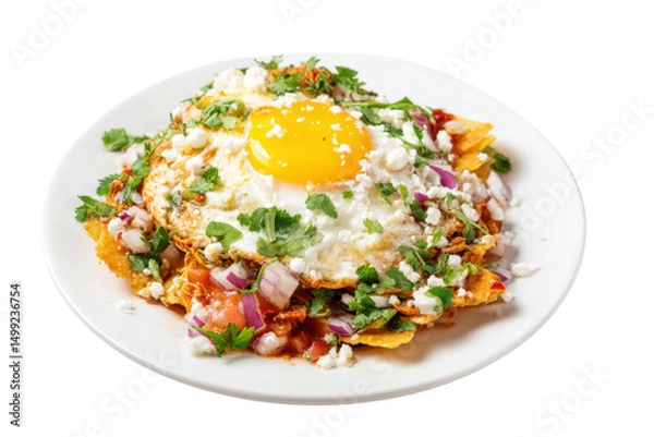 Obraz Delicious chilaquiles with fried egg, red onion, cilantro, and queso fresco on a white plate Traditional Mexican breakfast concept