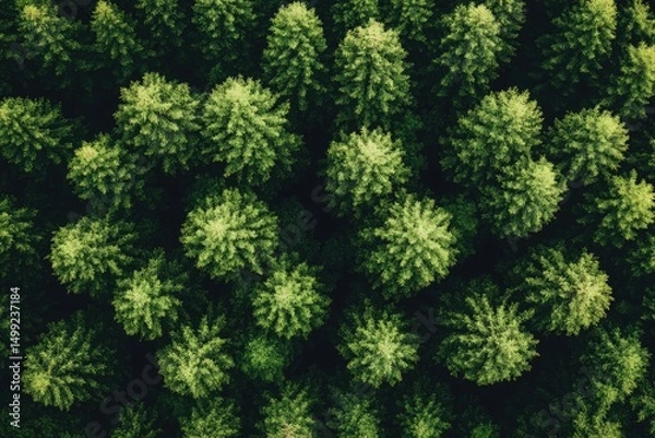 Fototapeta Aerial view of a dense green forest, with tall pine trees visible. It is perfect for environmental and conservation projects visually.