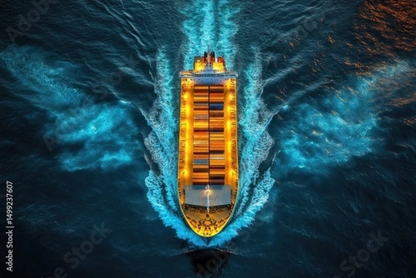 Fototapeta Cargo ship sails the dark blue sea, leaving a bright foamy wake. Use this as a metaphor for global trade or modern transportation.