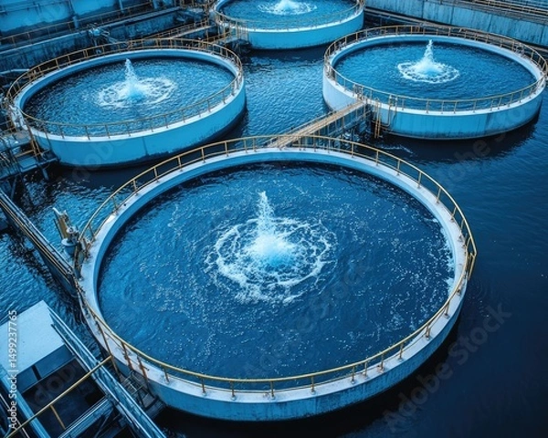 Fototapeta Aerial view shows water treatment plant with circular tanks and water fountains. Depicts wastewater management, environmental conservation, and industrial infrastructure.