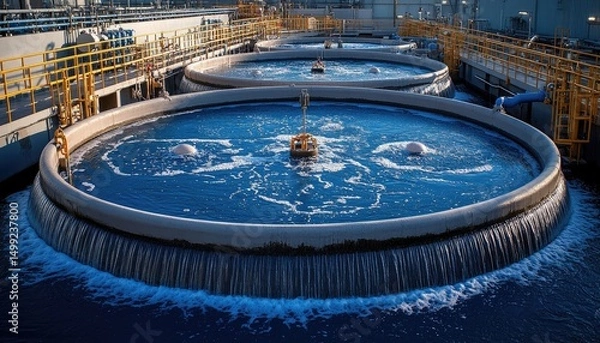 Fototapeta Circular water purification tanks with bubbling blue water and yellow railings. Shows the water treatment process and industrial infrastructure.
