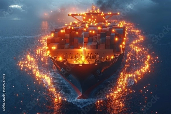 Fototapeta Large container ship sails at night on ocean with spark. Use to visualize global trade and logistical challenges.