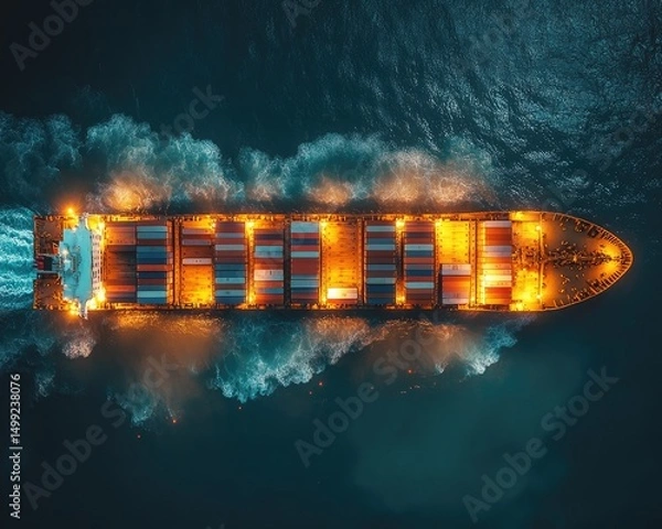 Fototapeta Cargo ship sailing, top view with many containers and wave. Perfect for illustrating global trade and shipping business needs.