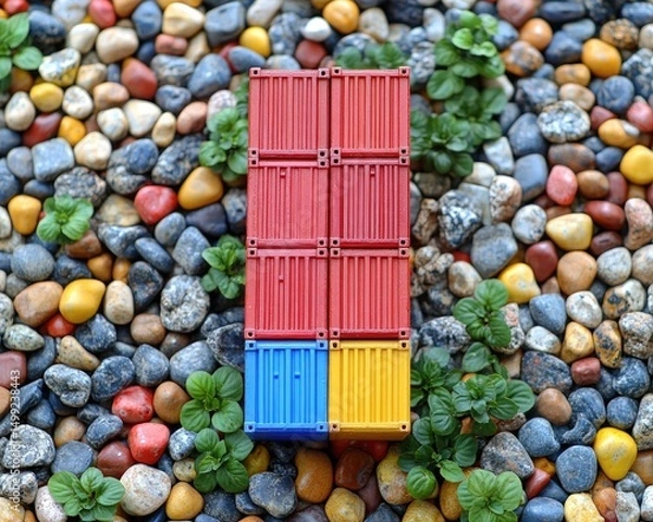 Fototapeta Stacked containers are on colorful rocks with green plants. Can be used to show shipping, trade, delivery, or conceptual ideas.