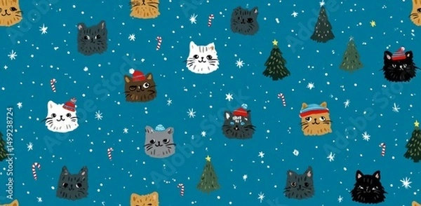 Obraz Festive winter cat heads pattern on a teal background.