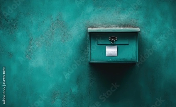 Obraz Weathered teal mailbox affixed to a textured teal wall; a blank note is visible on the mailbox door
