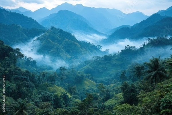 Fototapeta Misty valley view of lush green rainforest and tiered fields in Southeast Asia. Perfect for travel brochures, eco-tourism ads, and nature-themed websites.