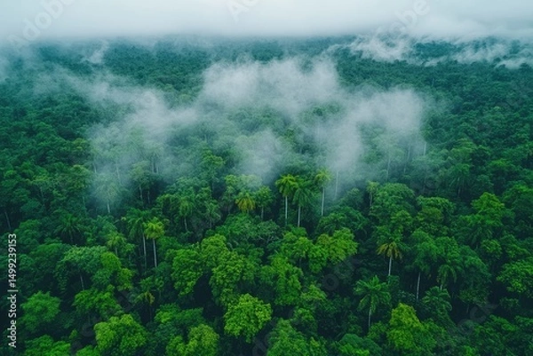 Fototapeta Lush green rainforest canopy, partially covered with low-lying clouds and mist. Use for nature, travel, or environmental themed projects for strong visual impact.