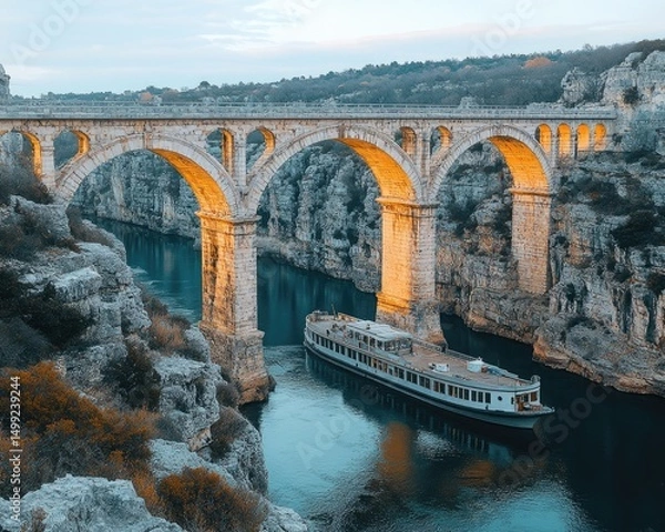 Fototapeta Old stone bridge with arches, cruise ship sailing on river in canyon. Use this to show travel destinations and bridge and boat architecture.