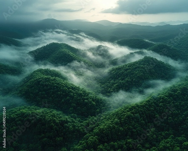 Fototapeta Lush green hills disappear into the fog under a cloudy, gray sky. Use this for nature, travel, or environment related project.