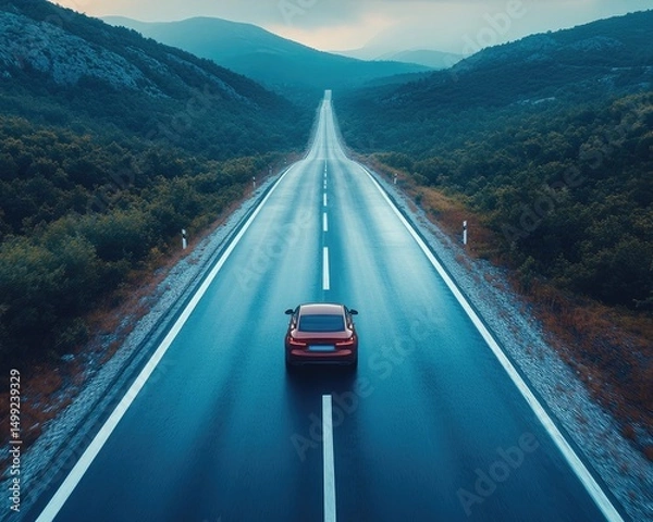 Fototapeta Red car drives on straight road, between forested hills under a cloudy sky. Depicts travel, transportation, adventure, or the open road concept.