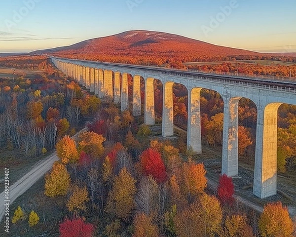 Fototapeta Long viaduct spans colorful fall foliage with a striking mountain backdrop. Use for travel articles, architecture, or autumn landscape themes.