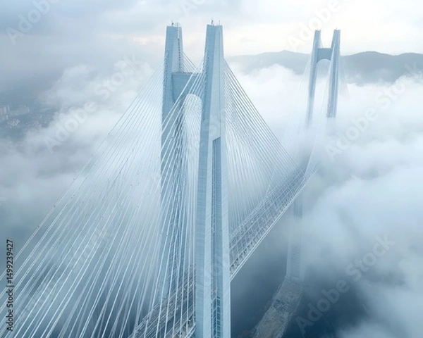 Fototapeta Cable-stayed bridge towers emerge from thick fog, connecting to distant mountains. Use for infrastructure, transportation, or overcoming geographical obstacles.