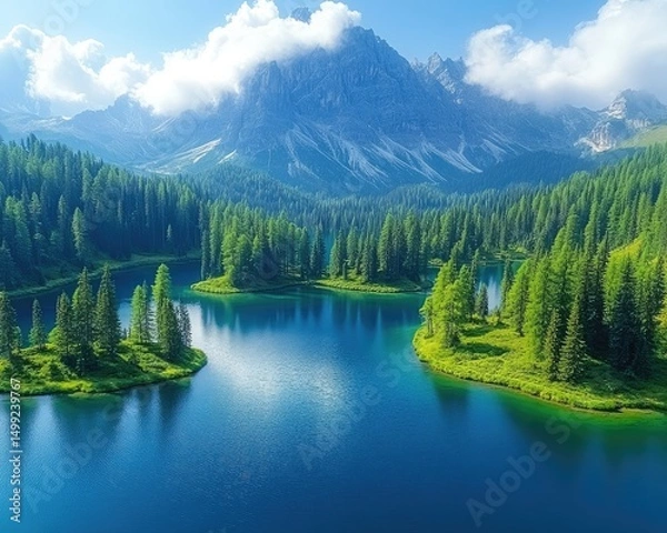 Fototapeta Scenic aerial view of a beautiful turquoise lake and forest mountains. Perfect for travel blogs, nature websites, or landscape posters.
