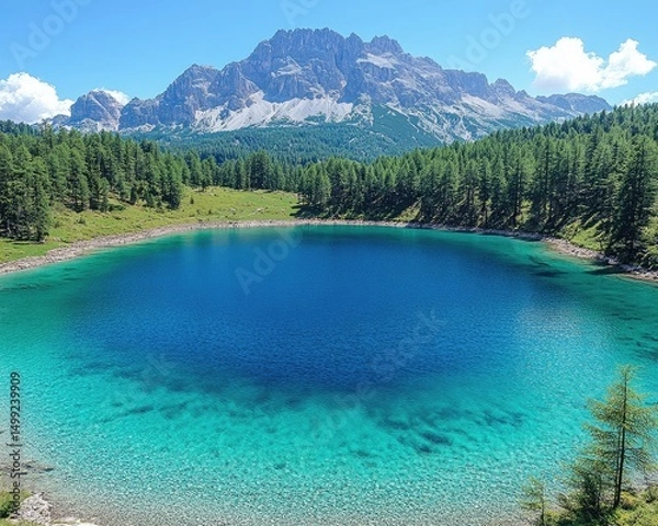 Fototapeta Turquoise lake water framed by pine trees and a craggy mountain under a blue sky. It can be used for travel ads or outdoorsy themes.