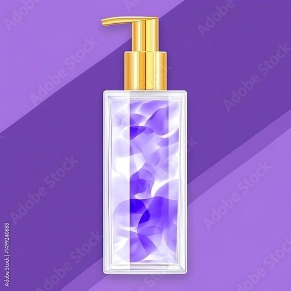 Fototapeta Luxury cosmetic bottle with a gold pump against a violet abstract background