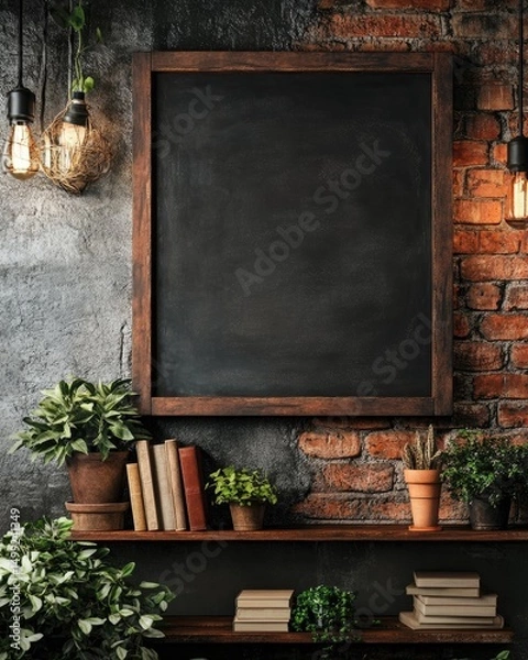 Fototapeta Dark rustic interior with a large blank chalkboard framed in dark wood, flanked by Edison bulb lights and potted plants on a wooden shelf with books