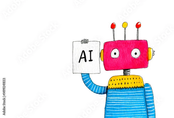 Fototapeta A whimsical illustration of a robot, holding a blank paper, with word "AI" written on paper. Space for text. 