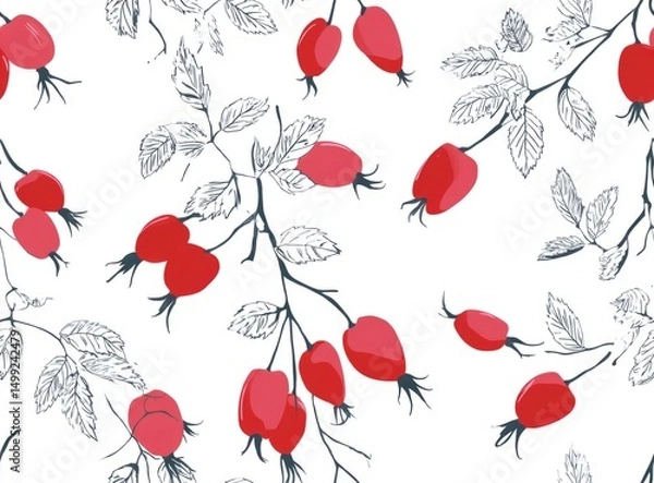 Fototapeta Decorative pattern of rose hips and leaves.