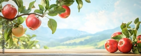 Obraz Red apples on tree branch and wooden table in orchard with blue sky