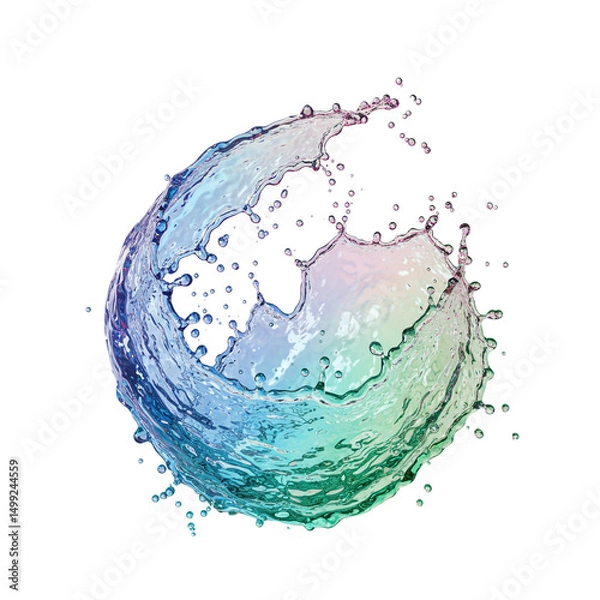 Fototapeta Abstract iridescent water splash forming a sphere, dynamic fluid motion, vibrant teal, blue, and pink hues, isolated on white background, perfect for design projects needing a refreshing, modern feel