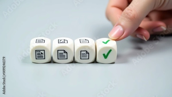 Fototapeta A hand selects a document cube with a checkmark.