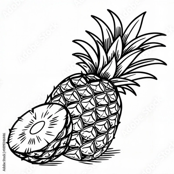 Obraz Pineapple with textured surface in old-style pencil drawing in black and white representing tropical fruit illustration and vintage food design