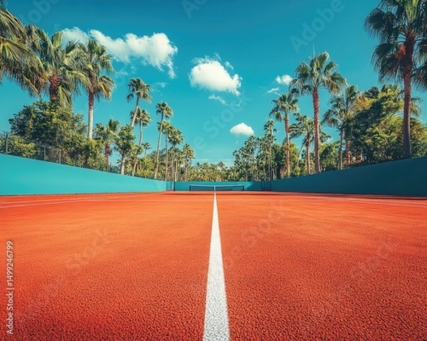 Fototapeta An empty red clay tennis court with green trees and blue sky background. Use to illustrate tennis, recreation, sport and healthy lifestyle.