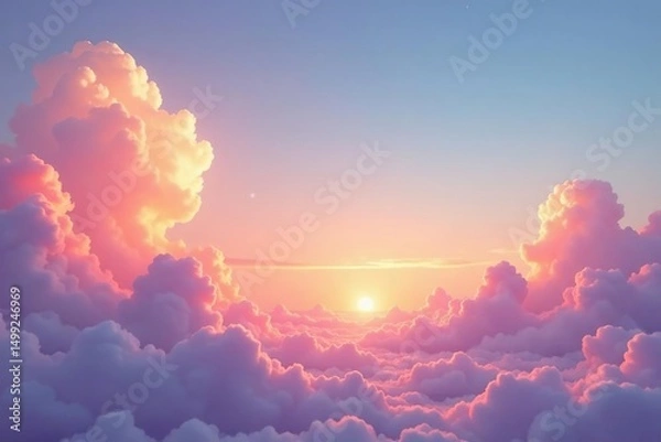 Fototapeta Soft pastel sunset hues illuminate fluffy clouds , delicate, pink, scene