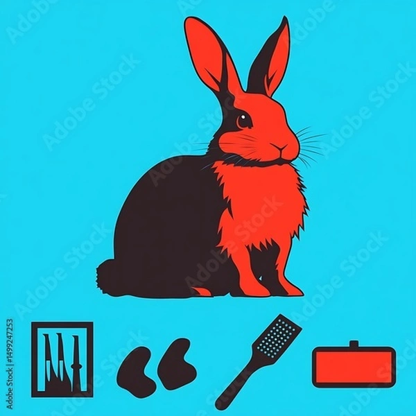 Fototapeta Vibrant illustration of a fluffy rabbit and rabbit care accessories