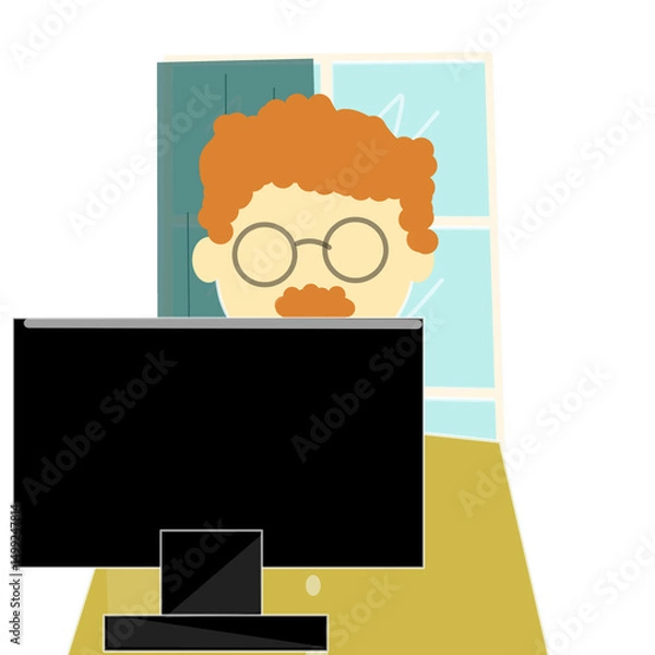 Obraz A man is sitting at a desk with a computer, working in a cozy home environment. Working at home with background transparent clipart