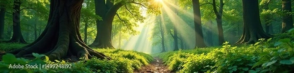 Fototapeta Sun-dappled forest floor, lush green undergrowth, ancient trees reaching for the sky, dappled sunlight filtering through leaves , woods, forest path, trees