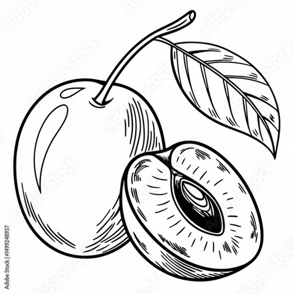 Obraz Plum in black and white pencil sketch style representing organic fruit illustration and vintage botanical design