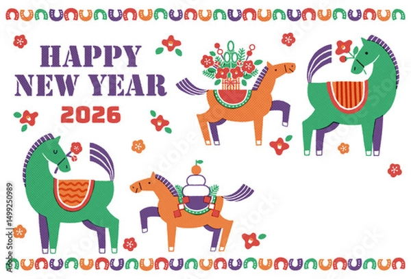 Fototapeta 2026年　午年年賀状イラスト（馬の親子と華やかなお正月)