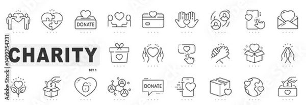 Fototapeta Set of charity related line icons. Donation, support, care, help etc. Editable stroke.