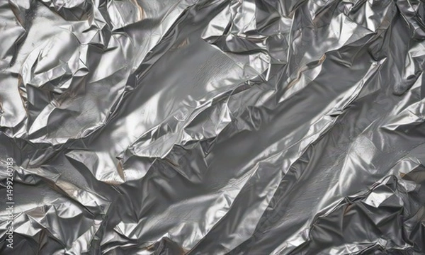 Fototapeta Crumpled silver foil, metallic texture, shiny backdrop,  crease,  foil background