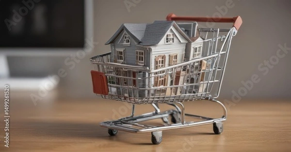 Fototapeta Miniature house model nestled in a shopping cart, online home purchase ,  scale model,  house model