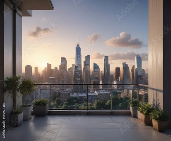 Fototapeta Sophisticated city skyline view from modern condo balcony, view, decor, condo