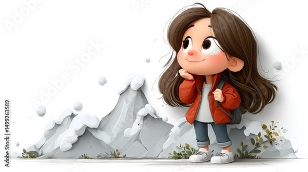 Obraz Cute girl with backpack gazing at mountains in a snowy landscape, exploring nature with joy and wonder