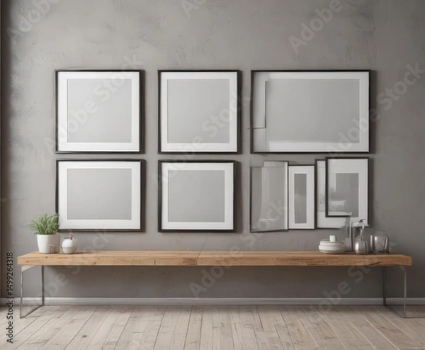 Fototapeta Empty frames on minimalist gallery wall, modern home,  blank frames,  mockup
