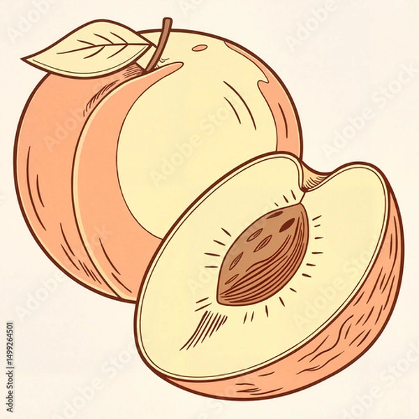 Obraz Peach in detailed pencil illustration style in black and white representing organic summer fruit and vintage botanical art