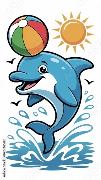 Fototapeta Cheerful Cartoon Dolphin Playing with Beach Ball in Summer Ocean Scene Generative AI

