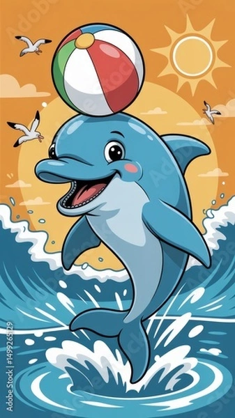 Fototapeta Cheerful Cartoon Dolphin Playing with Beach Ball in Summer Ocean Scene Generative AI

